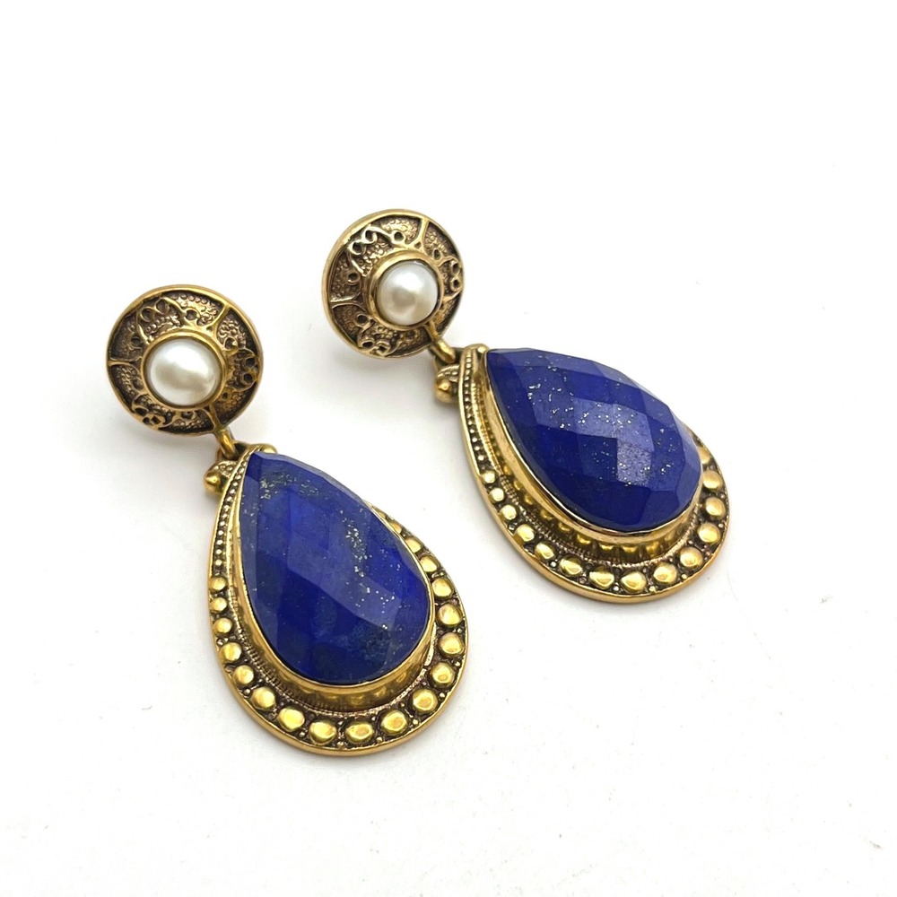 Nicky Butler NB Lapis Lazuli and Pearl Drop Earrings Gold Tone Pear Shape